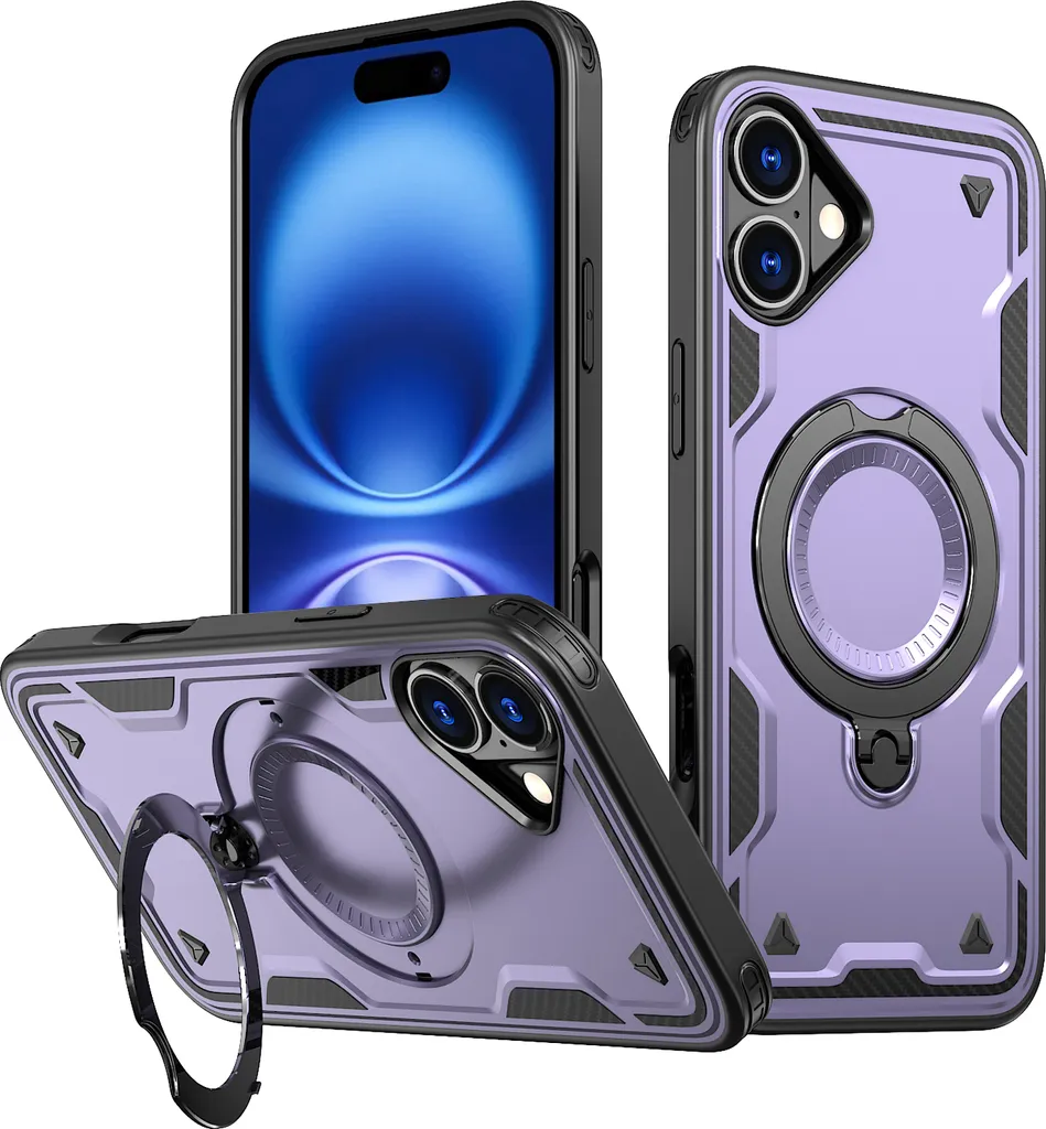 Cover iPhone 16 Antiurto Viola - Protezione Militare con Ring Stand