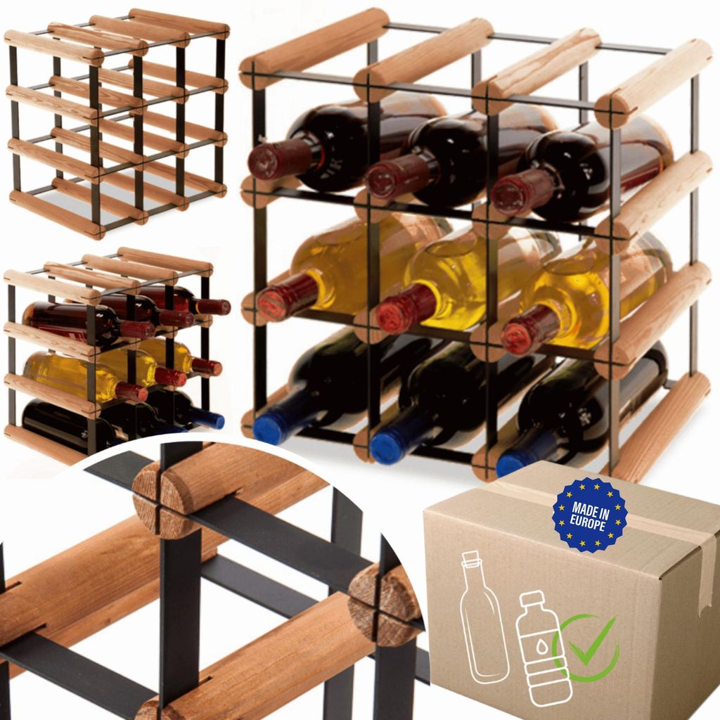 MODO24 Weinregal, 9 Flaschen, Flaschenhalter, Weinständer, Erweiterbar, Holz Metall, Industrial Loft, Küche, 32,5x32,5x25 cm, Braun, RW8