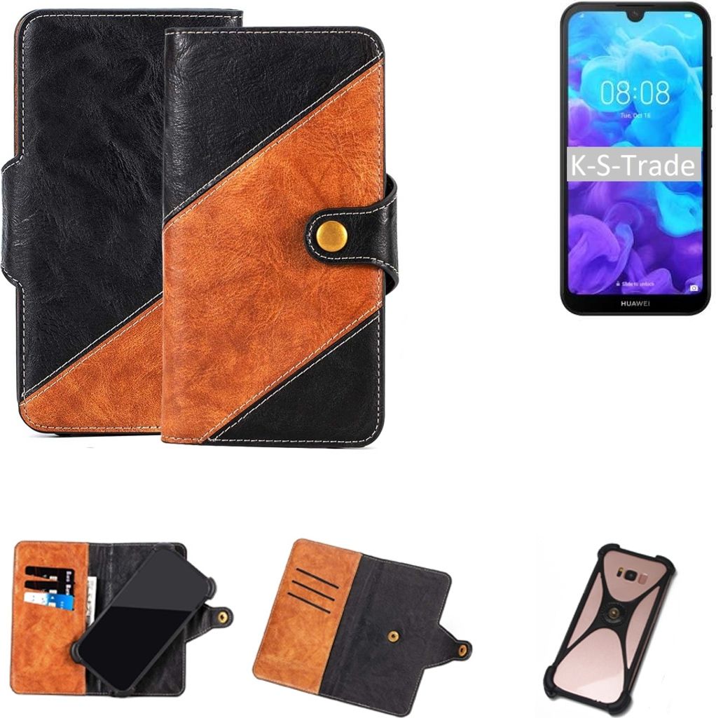 K-S-Trade Handyhülle Schutzhülle Bookstyle Case Wallet-Case kompatibel mit Huawei Y5 (2019) Handy Cover Bumper Klapphülle schwarz hellbraun 1x