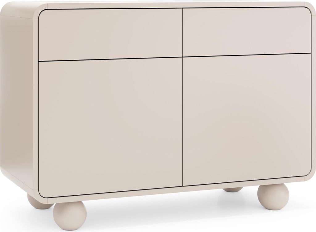 A light beige sideboard with rounded edges and spherical legs, shown against a white background.