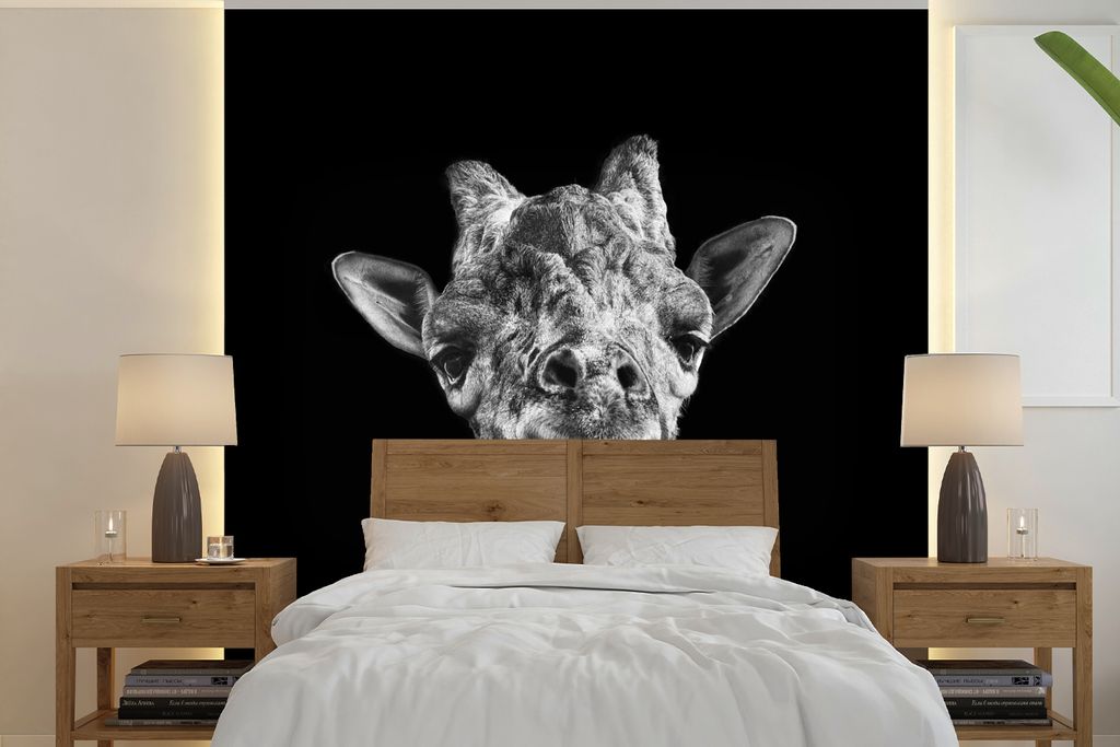 MuchoWow Fototapete für Wohnzimmer oder Schlafzimmer Wandtapete Vinyl Motivtapete Giraffe - Tier - Schwarz - Weiß - 240x240 cm - Schlafzimmer-T...