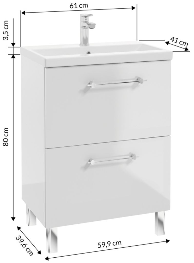 A white bathroom vanity with a sink and faucet, shown with dimensions indicated by measurement lines and text.
