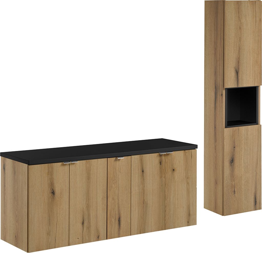 Badmöbel Set 2-teilig, 140cm Waschtischunterschrank, in Eiche und schwarz, NEWPORT-56-OAK