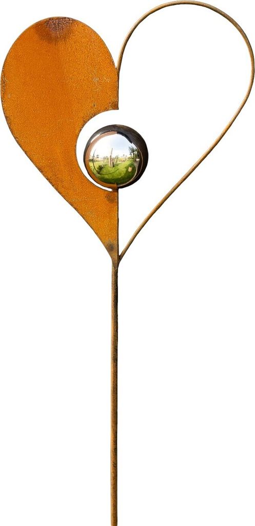 Gartenstecker Herz aus Metall Gartendeko Rost Edelrost rostiger Beetstecker 115cm Deko Rostfigur für den Garten mit Edelstahl Kugel