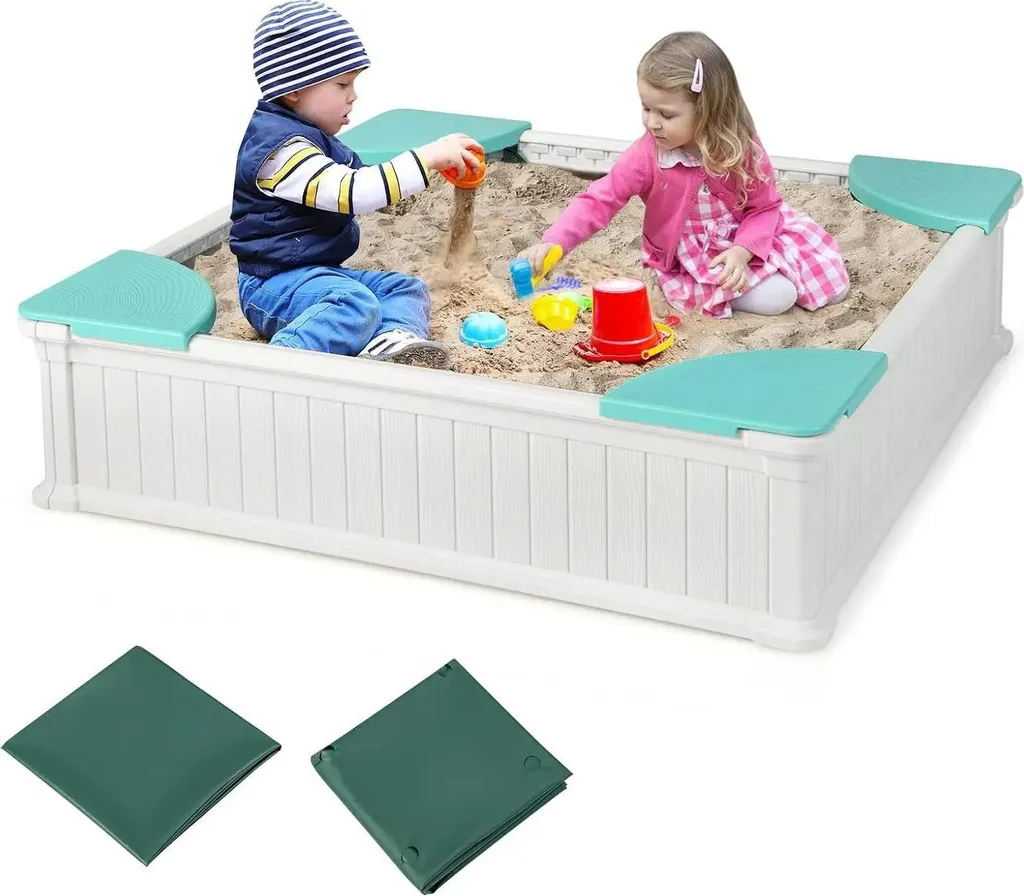 Bac à sable carré pour enfants en HDPE blanc 123x123 cm avec 4 sièges