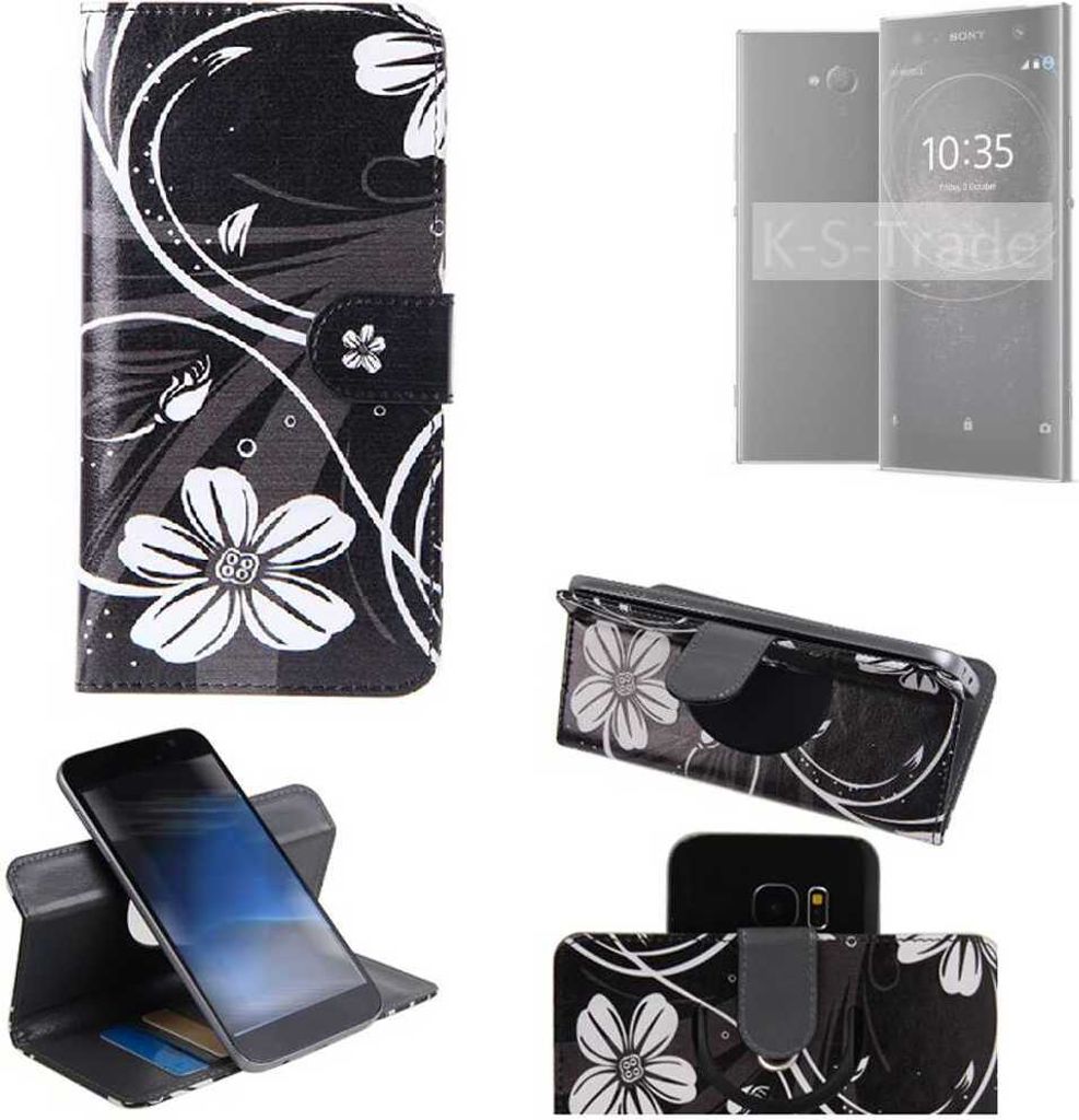 K-S-Trade Schutzhülle Handyhülle kompatibel mit Sony Xperia XA2 Ultra Dual-SIM Hülle 360° Wallet Case ''Flowers'' Klapphülle Hülle schwarz-weiß