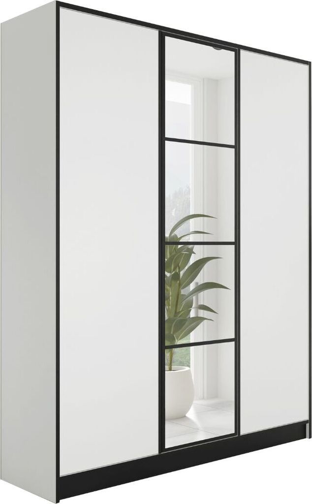 A white wardrobe with black trim and glass panels, showing a plant inside.