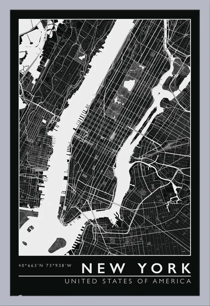 Affiche City Map New York Shinsuke avec Cadre Argenté Maxi MDF et Vitre