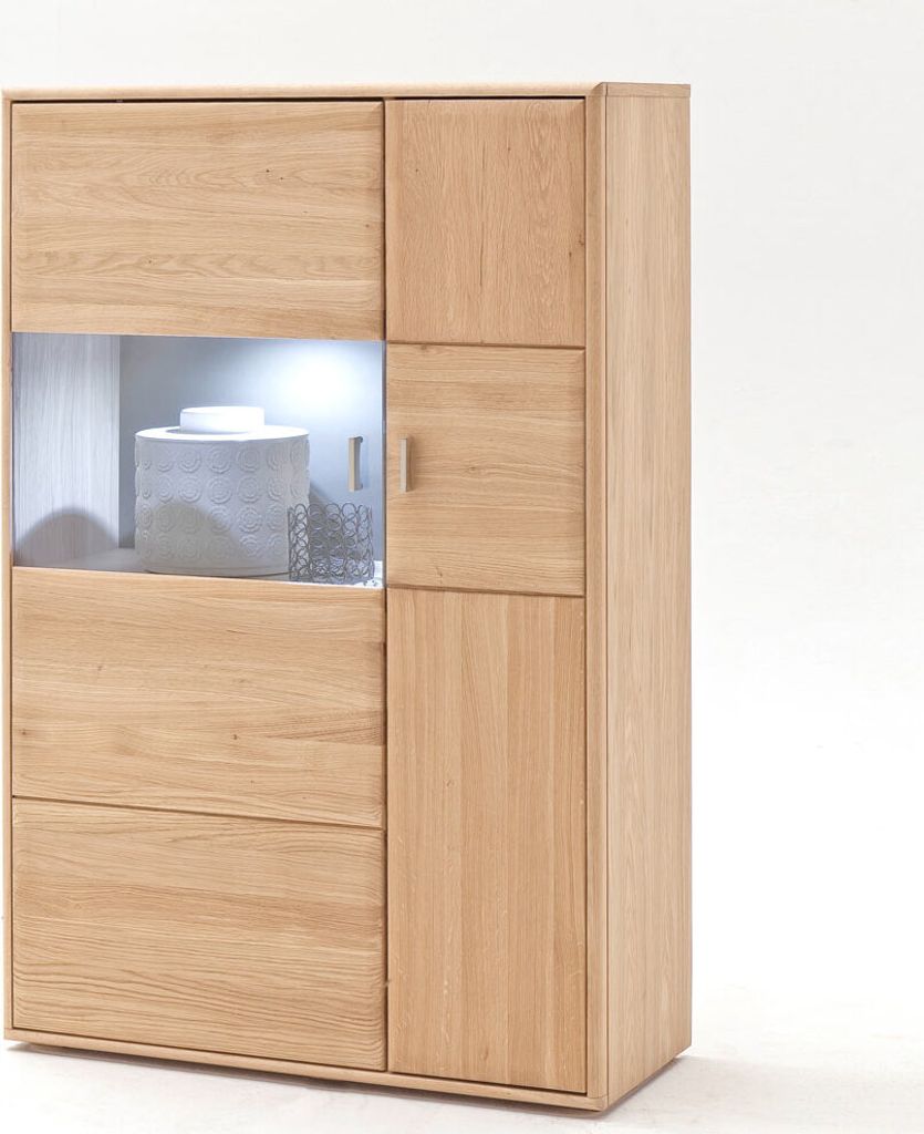 Highboard TIJUANA-05 Anrichte aus massiver Eiche Bianco, mit Glaseinsatz - B/H/T: 94/140/39cm