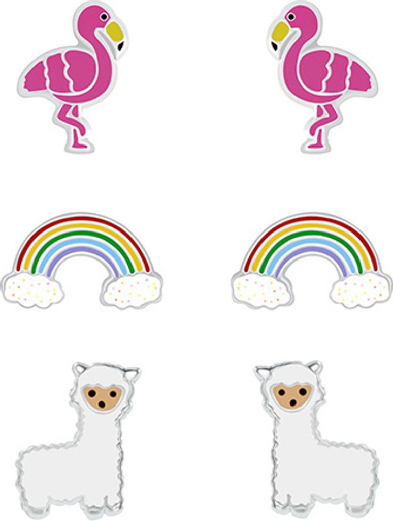 3er Set Kinder Ohrringe Silber 925 Ohrstecker Alpaka / Flamingo / Regenbogen