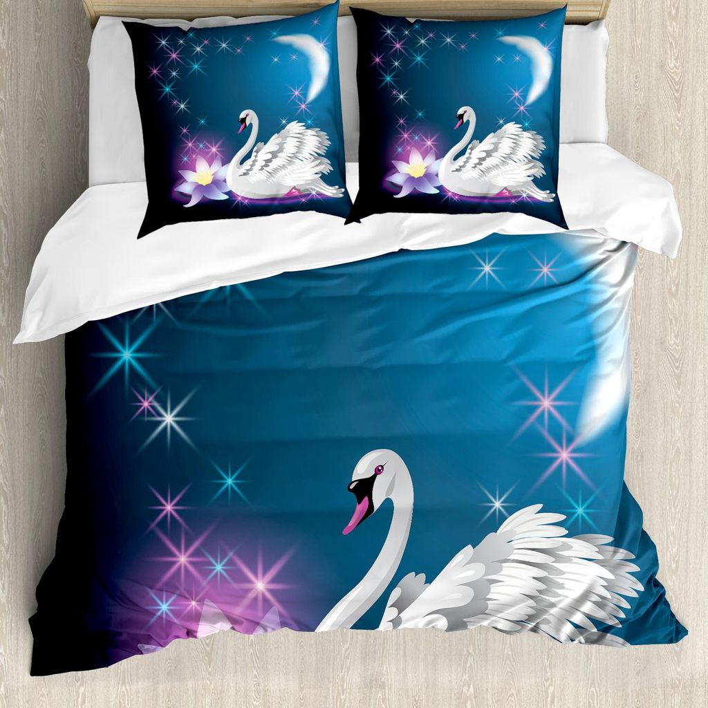 ABAKUHAUS Schwan Bettbezug Set, Magische Lilie Und Feenhafte Schwan Nachts Schwimmen Im See Unter Mond Und Stern Bild, 200 x 200 cm + 80 x 80 cm, B...