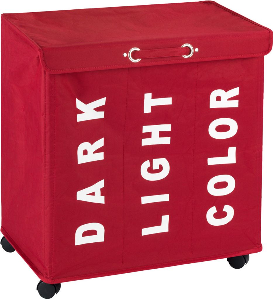 A red laundry sorter with three compartments, labeled 'DARK', 'LIGHT', and 'COLOR'. It has a lid and wheels.
