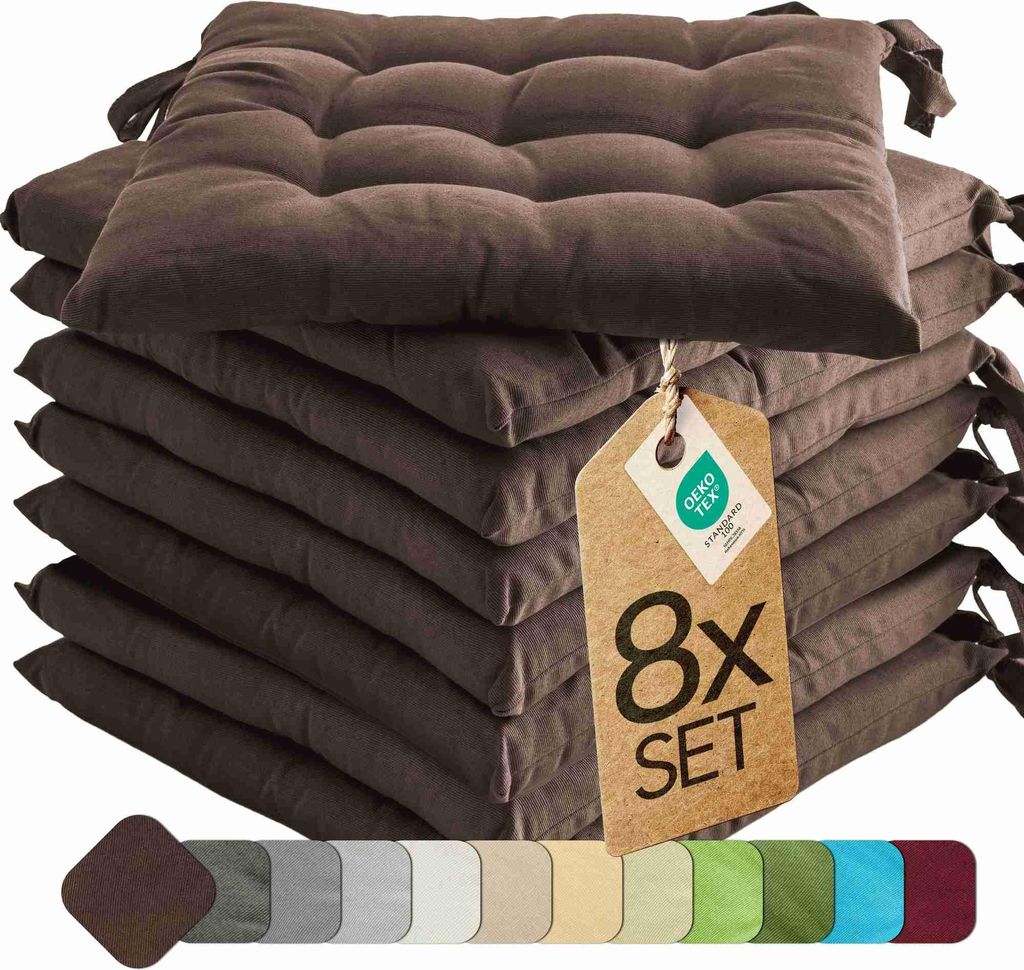 Sitzkissen Stuhlkissen Indoor & Outdoor 8er Set 40x40 cm - Braun - etérea Stuhl Kissen Auflage mit Bändern