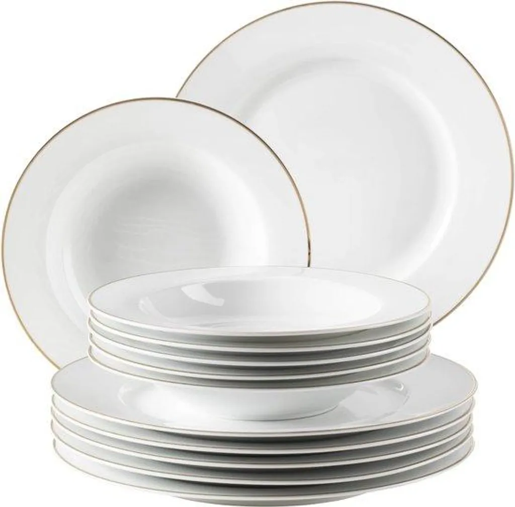 Service de table en porcelaine blanche et dorée 12 pièces Modèle Luxe