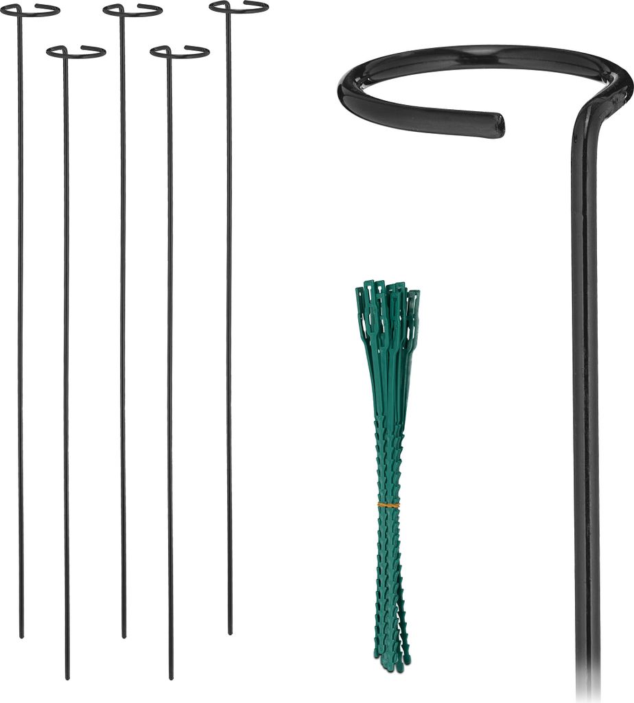 Relaxdays Pflanzstäbe Metall, 6er Set, Rankstäbe mit Ring, 80 cm lang, Metallstäbe Garten, mit Pflanzenbindern, schwarz