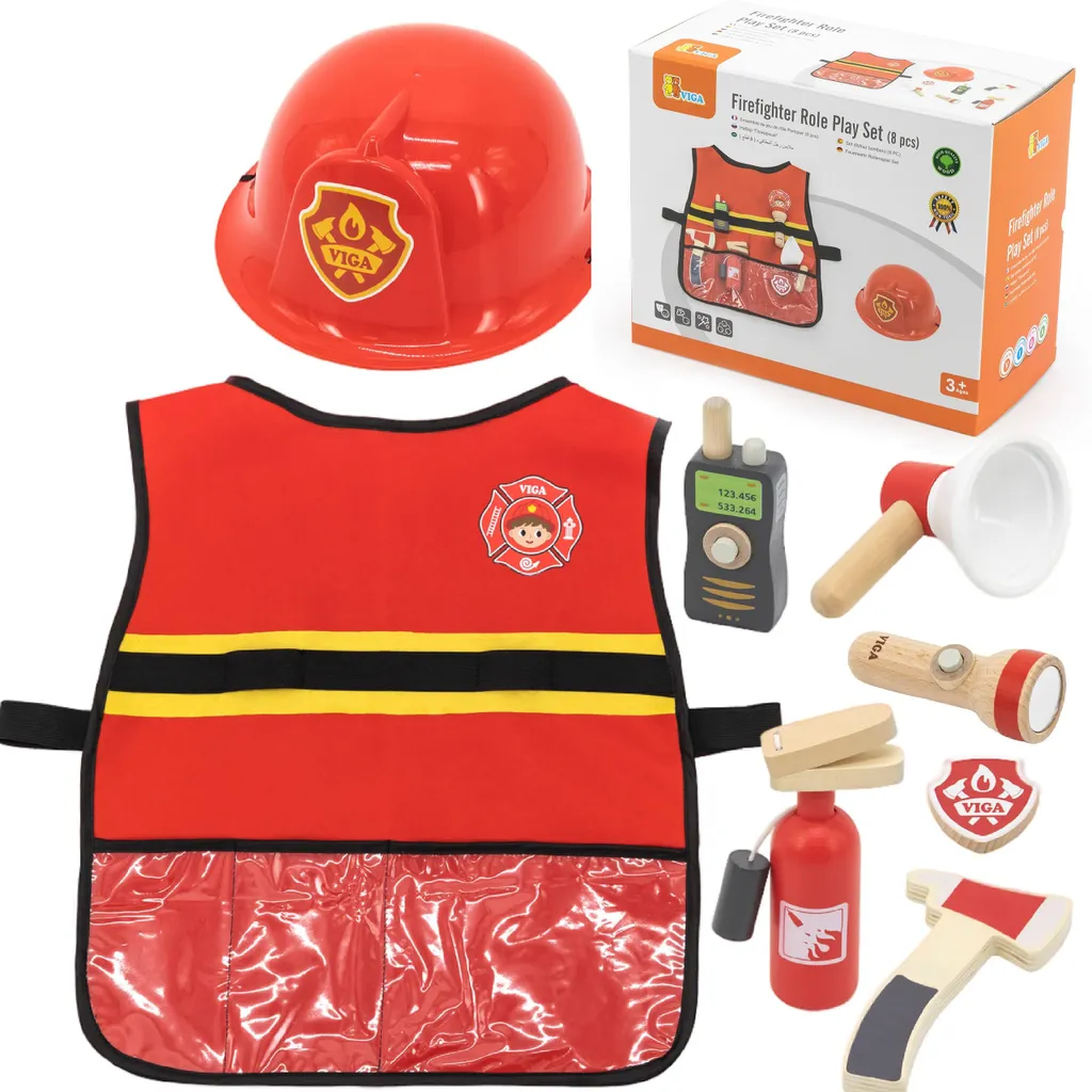 Set de Pompier en Bois Viga avec Gilet Rouge et Outils de Sauvetage