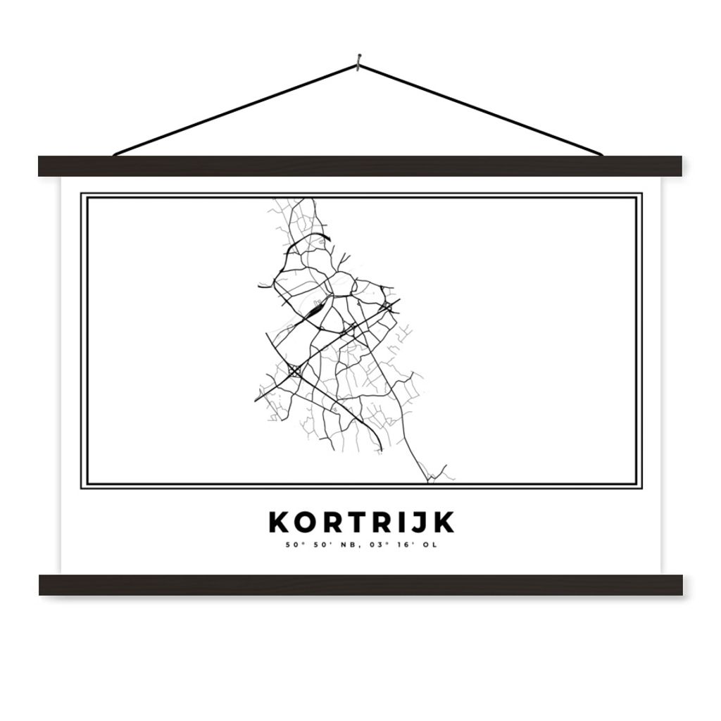 MuchoWow Textilposter Karte - Stadtplan - Kortrijk - Belgien - Schwarz und weiß 90x60 cm mit schwarzem Rahmen - Aufhängungssatz