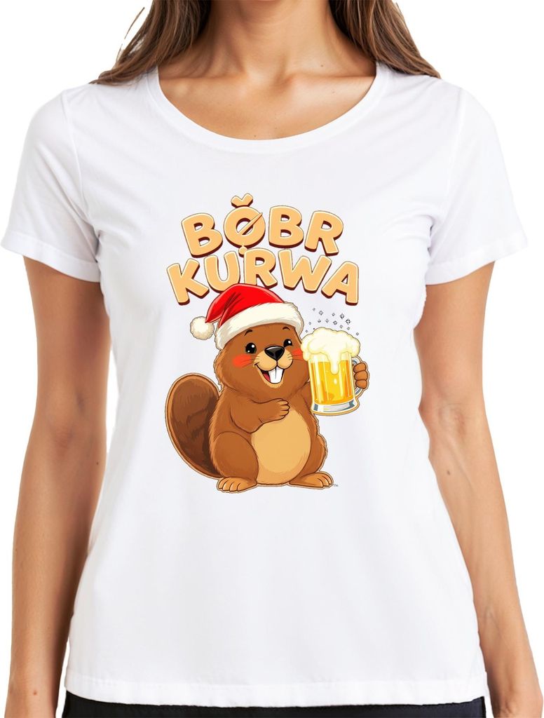BÓBR KURWA Meme Biber Weihnachten Bier Weihnachtsmütze Geschenk Damen T-Shirt, Weiß, XXL