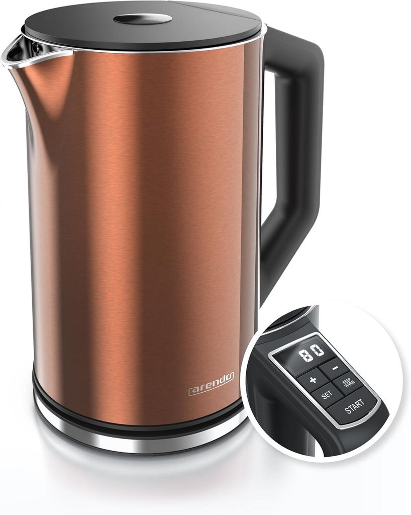 Edelstahl Wasserkocher mit Temperatureinstellung 40–100°C, 1,5L, 2200W, Doppelwand, Warmhaltefunktion,BPA-frei,Teekocher mit LED-Anzeige,Kupfer ...