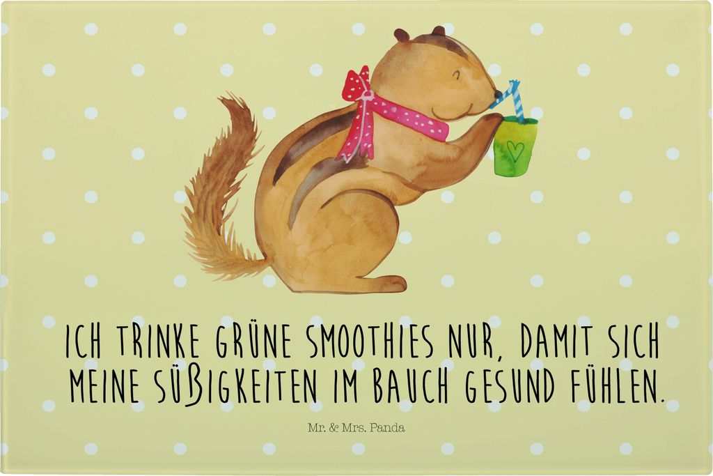 Mr. & Mrs. Panda Glasplatte Schneidebrett Eichhörnchen Smoothie - Gelb Pastell - Geschenk, Abnehmen, Hackbrett, Schneideunterlage Glas, Green Smoo...