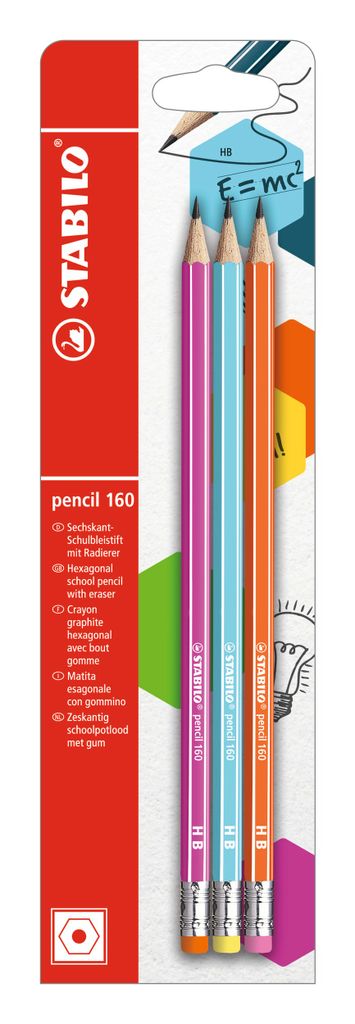 Bleistift mit Radierer - STABILO pencil 160 in pink, blau, orange - Härtegrad HB - 3er Pack