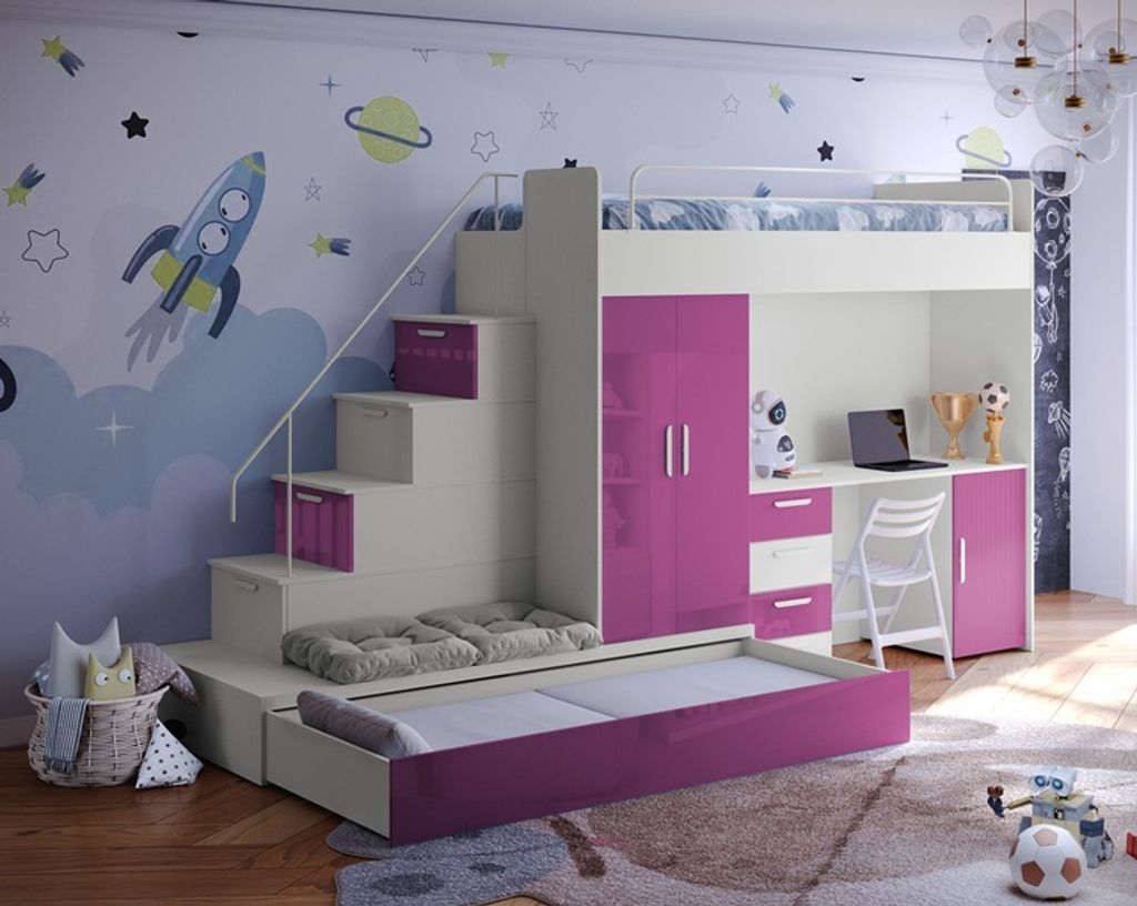 Etagenbett TOMI 5, Doppelstockbett Hochglanz Kinderbett Hochbett, OHNE Matraze und Lattenrost (Cashmere + Rosa, Glanz)
