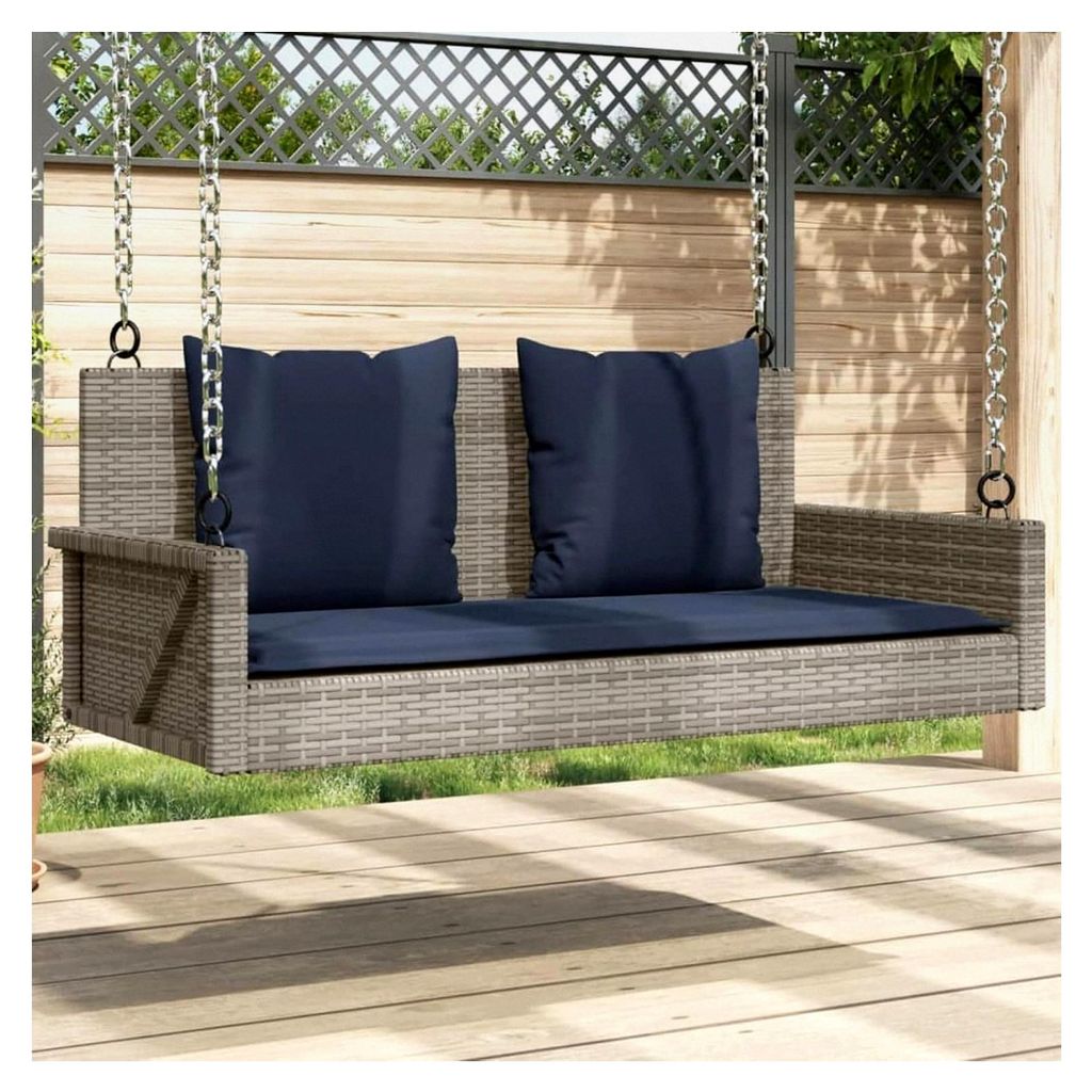 Garten-Schaukelbank aus PE-Rattan in Grau, 119x56x48 cm, mit Polstern für die Entspannung im Freien