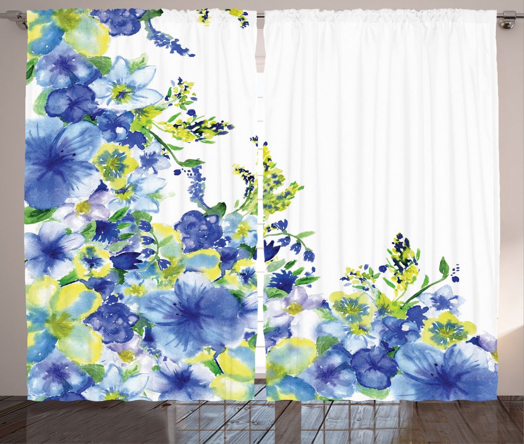 ABAKUHAUS Blau Rustikaler Vorhang, Brautblätter, Wohnzimmer Universalband Gardinen mit Schlaufen und Haken, 280 x 225 cm, Gelb Blau