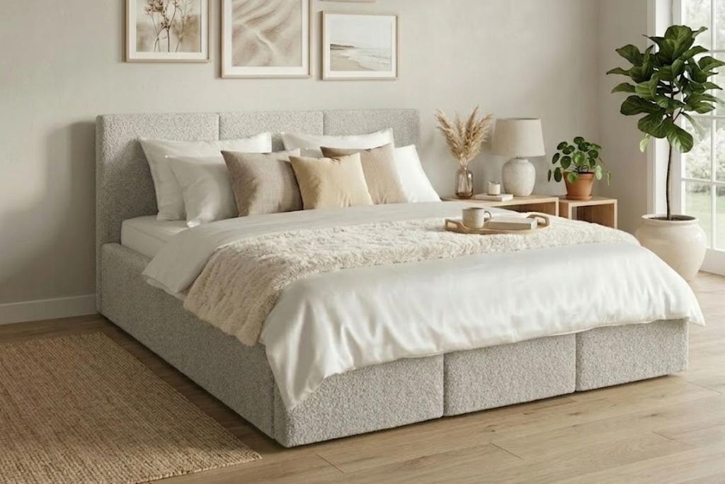 Komvortowy | Polsterbett 140x200 Cm | VELIS BOUCLÉ | Doppelbett Mit Metall-Lattenrost & Gasdruckfeder | GRAU | Bettkasten Ohne Bodenplatte | Staur...