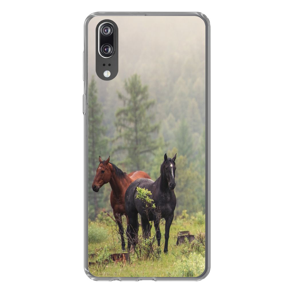 MuchoWow Handyhülle Schutzhülle Hülle für Huawei P20 Pferde - Wald - Nebel Silikon Softcase Handy Hülle - Hardcover