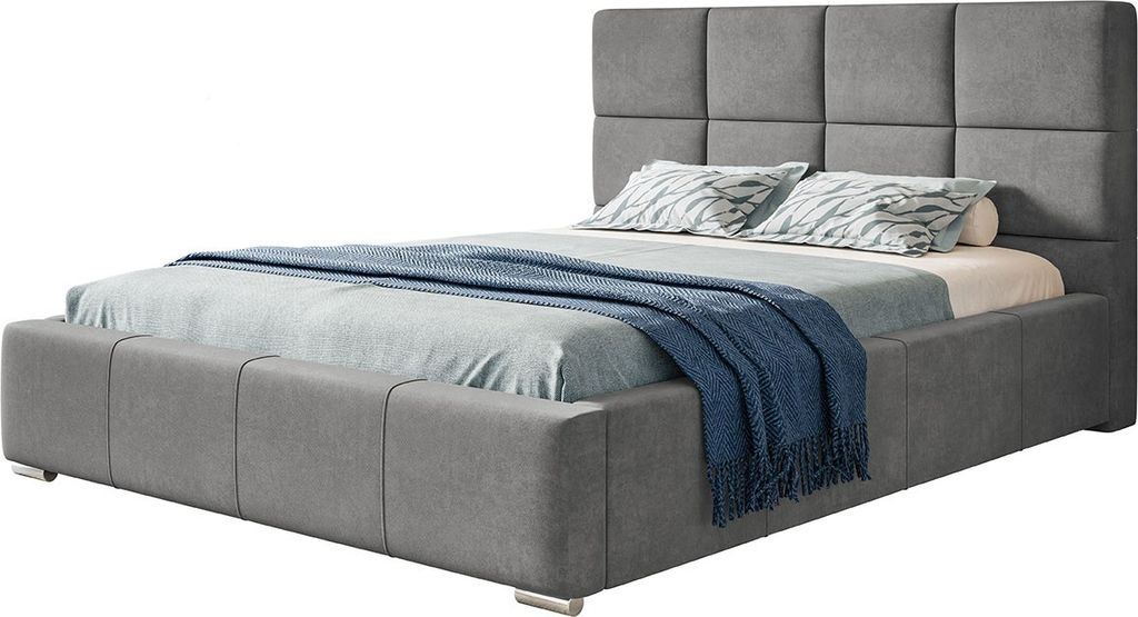 Polsterbett Rom mit Kopfteil, 140x200 cm, Doppelbett mit Bettkasten und Lattenrost aus Metal, Velourstoff, Farbe: Grau