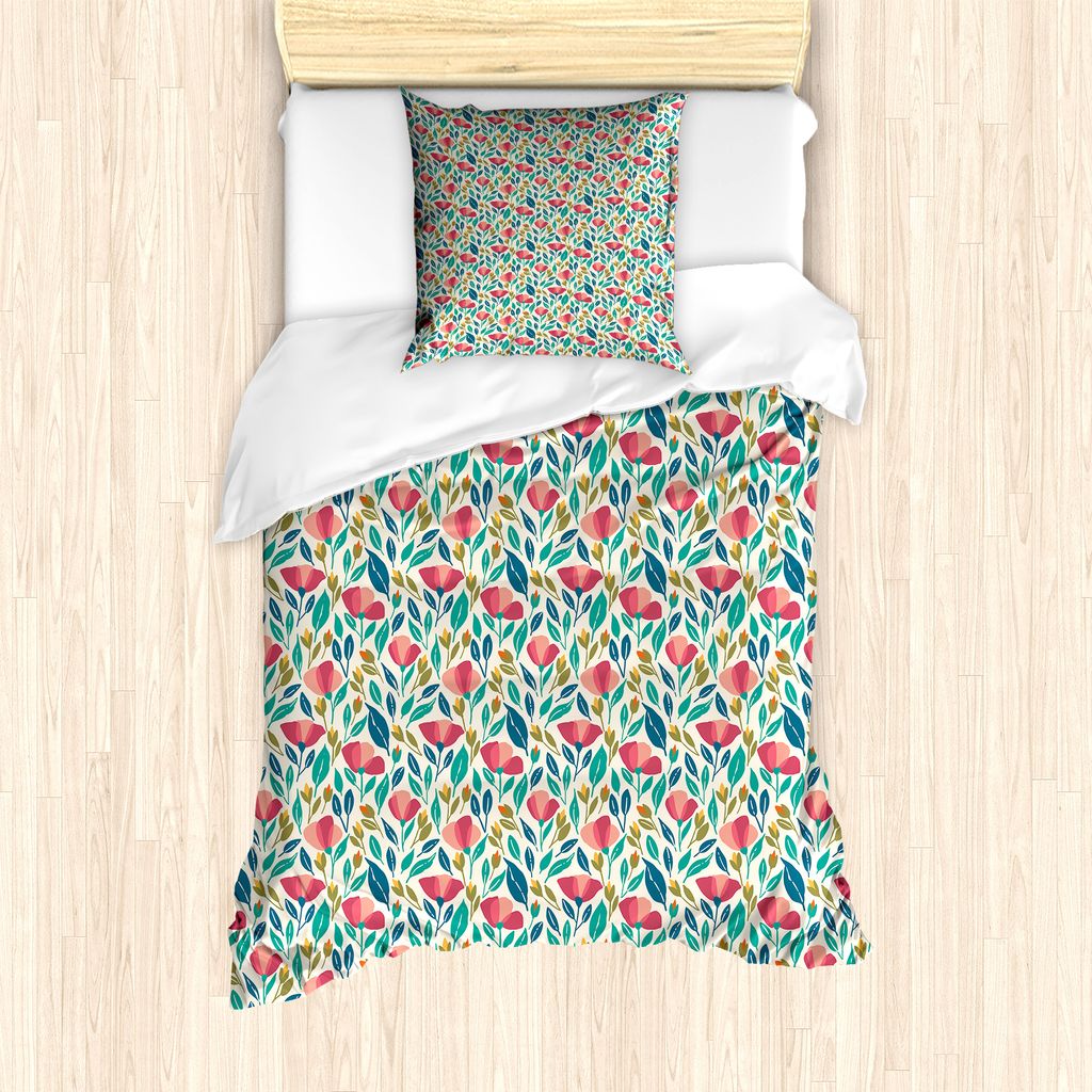 ABAKUHAUS Mohn Bettbezug Set für Einzelbetten, Bunte Frühlings-Garten-Kunst, Milbensicher Allergiker geeignet mit Kissenbezug, 135 cm x 200 cm - ...