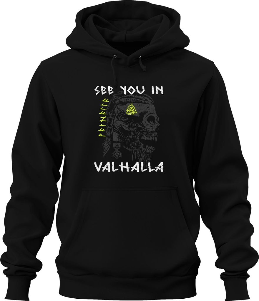 See you in Valhalla Wikinger Schädel Mjölnir Valknut Runen Mythos Uni Hoodie Kapuzenpullover, Schwarz, L