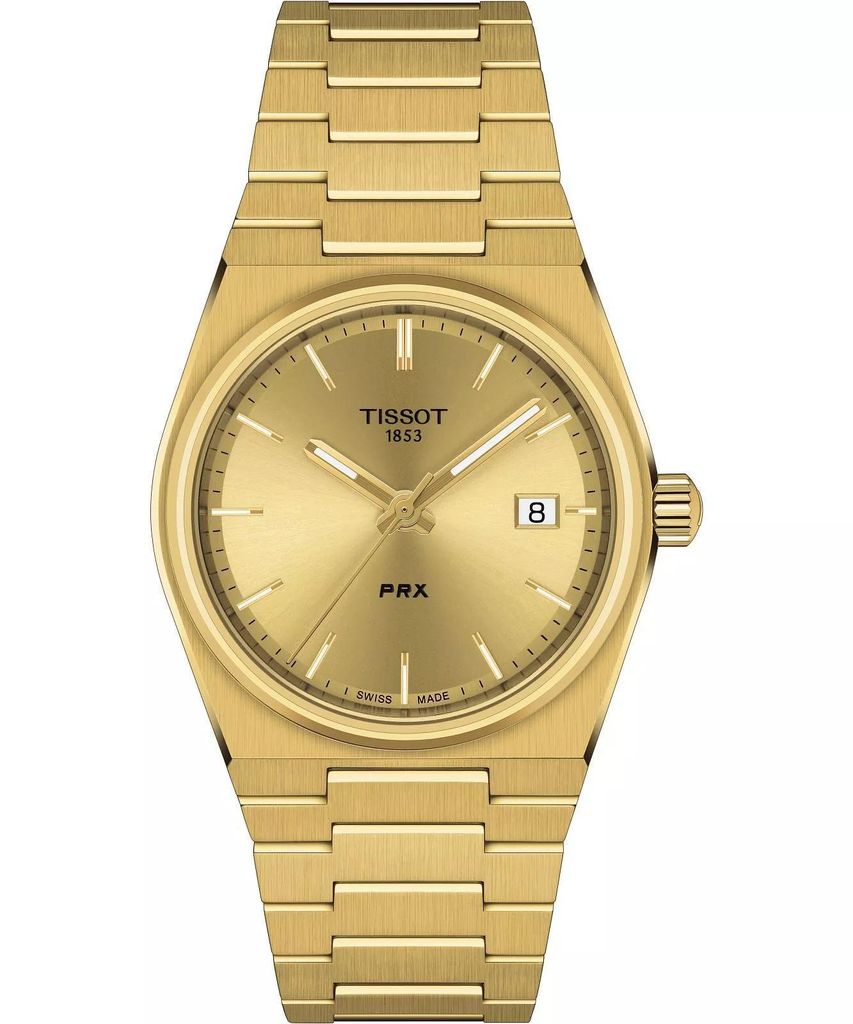 A close-up, front-facing studio shot of a gold Tissot PRX watch against a white background.