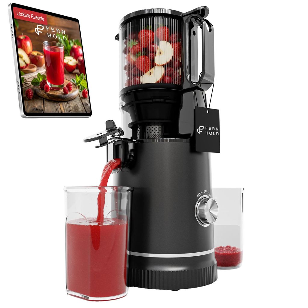 A black slow juicer is shown with juice being dispensed into a glass, alongside a tablet displaying a recipe.