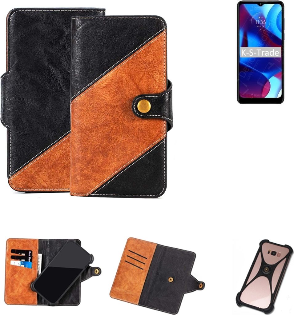 K-S-Trade Handyhülle Schutzhülle Bookstyle Case Wallet-Case kompatibel mit Motorola Moto G Pure Handy Cover Bumper Klapphülle schwarz hellbraun 1x