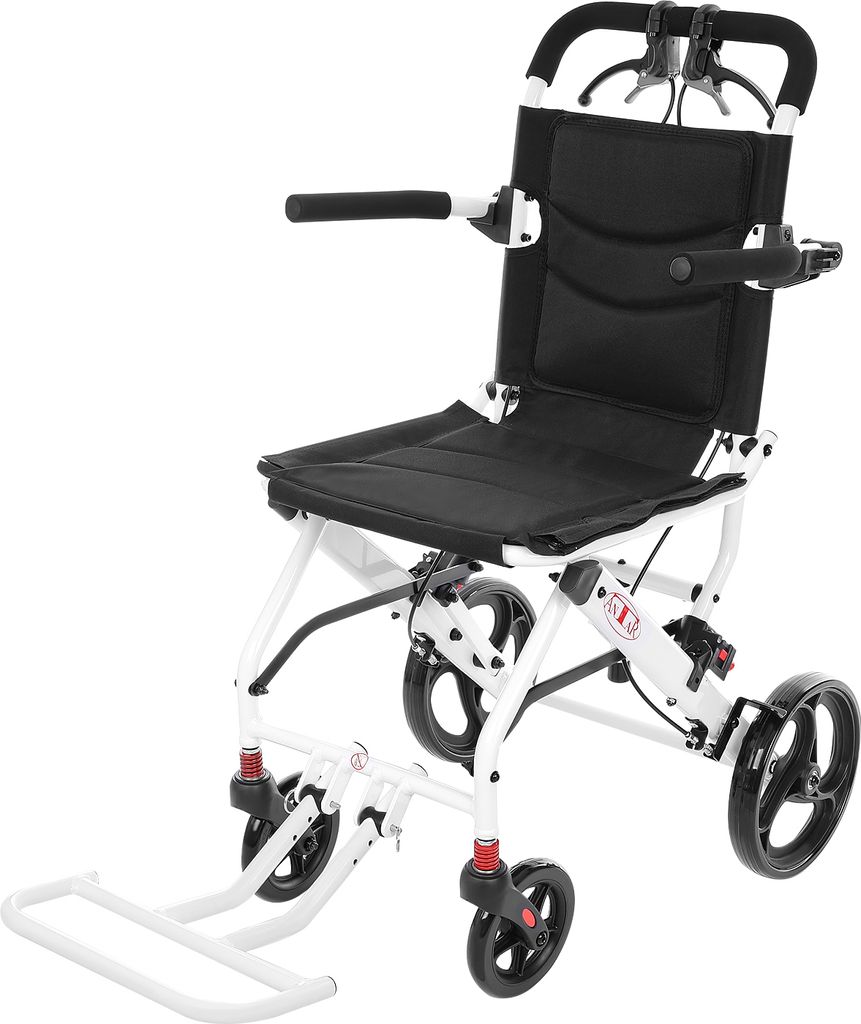 A white and black transport wheelchair is shown against a white background.