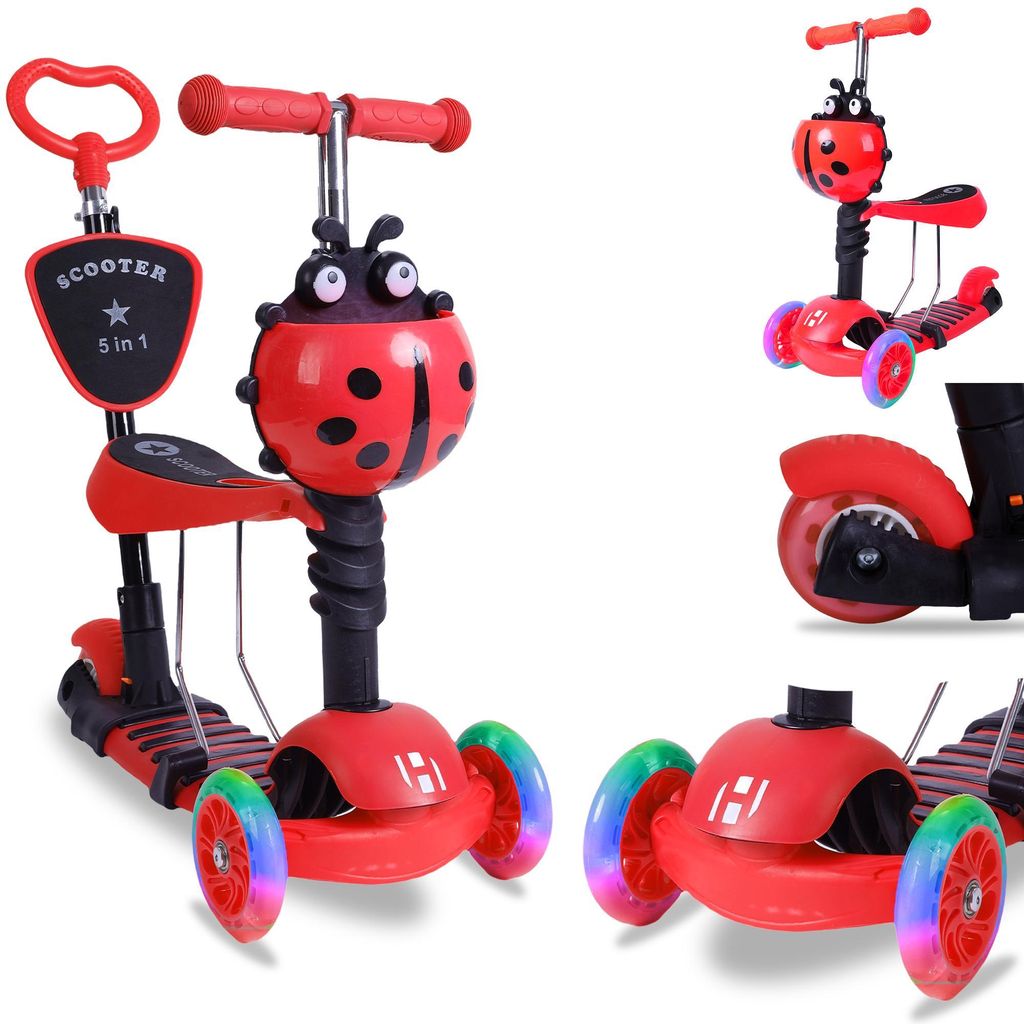 Habib 5-in-1 Kinderroller mit Rückenlehne – Abnehmbarer Sitz, LED-Räder & höhenverstellbarer Lenker. Ideal für 2-8 Jahre: Rot