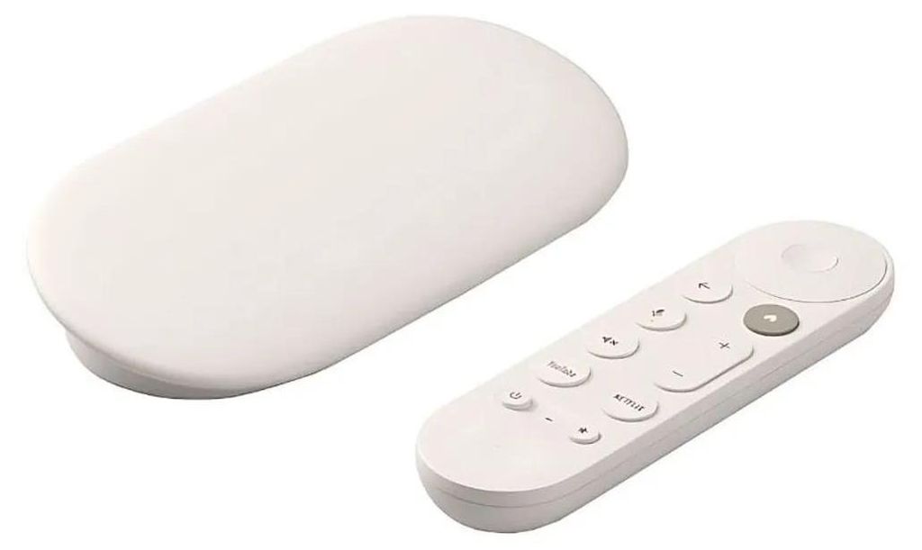 A white Google TV streamer and its remote are displayed on a white background.
