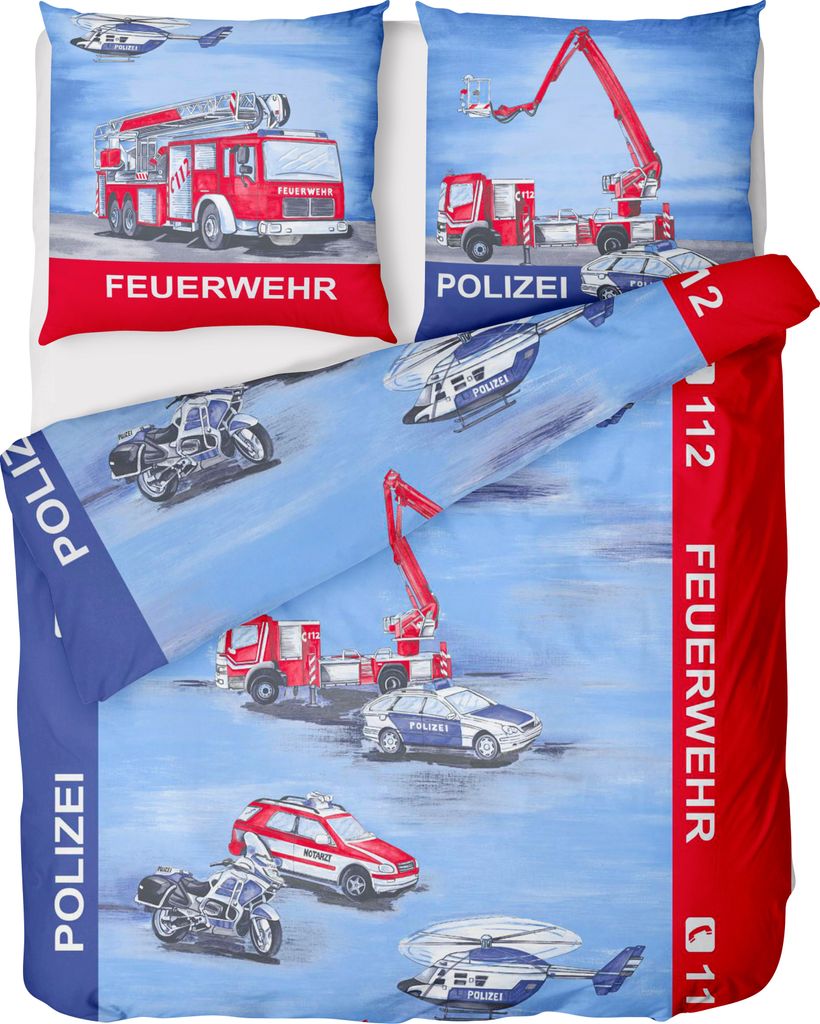 Kinderbettwäsche 135x200cm Renforce 100% Baumwolle Blau Polizei-Feuerwehr Motiv, Reißverschluss, Ganzjährig, Kissen 80x80cm