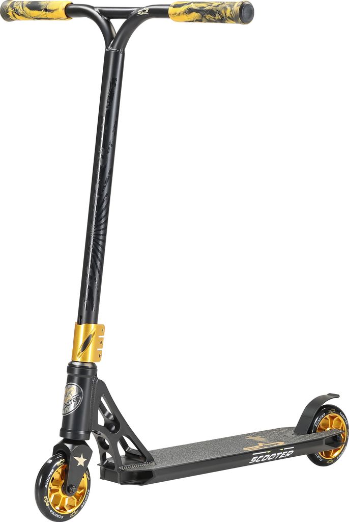 STAR SCOOTER Freestyle Aluminium Jump Stunt Scooter ab 7 - 8 Jahre | 110mm Professional Trick Roller | Schwarz Gold