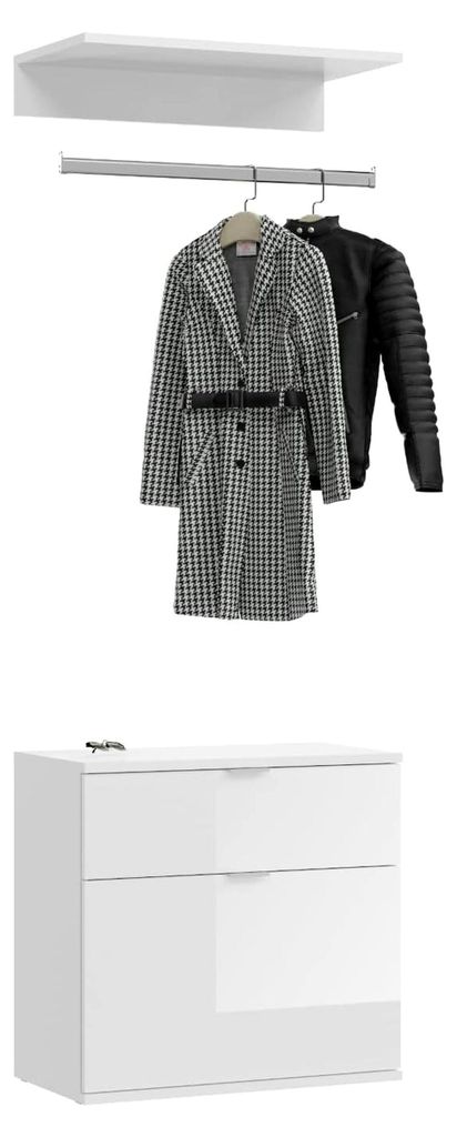 Garderobe Set 3-teilig weiß Hochglanz Kommode und Kleiderstange Schuhschrank Garderobenmöbel Flurmöbel Breite 61 cm