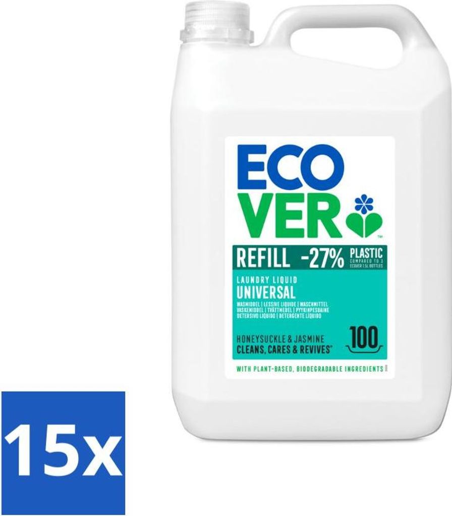 Ecover - Flüssigwaschmittel - Universal - Geißblatt & Jasmin - 5 Liter - 100 Wäschen - Vorteilspack - 15 Stücke