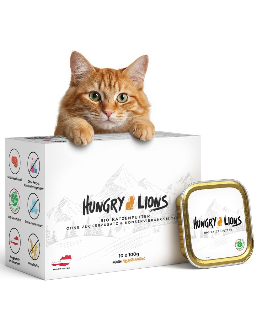 Hungry Lions Katzenfutter – Katzenfutter Nass ohne Zucker und Getreide mit hohem Fleischanteil von 94% - Hergestellt in Österreich