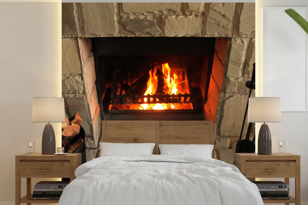 MuchoWow Fototapete für Wohnzimmer oder Schlafzimmer Wandtapete Vinyl Motivtapete Feuerstelle in einer Steinmauer - 280x280 cm - Hintergrundbild