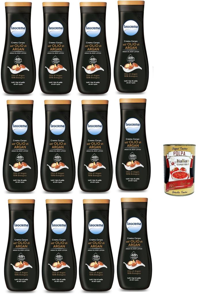 Leocrema, Crema Corpo Arganöl, Reichhaltig und samtig, feuchtigkeitsspendende Körpercreme, body cream, 12x 400ml + Italian Gourmet polpa 400g