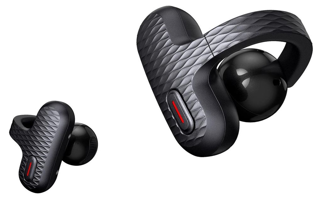 A pair of black wireless earbuds with a textured finish and a red accent is shown against a white background. One earbud is shown in full, while the other is shown partially.