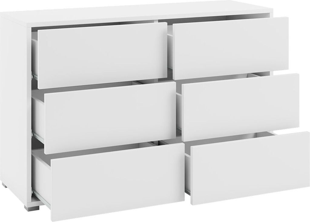 A white dresser with six drawers, some of which are partially open.