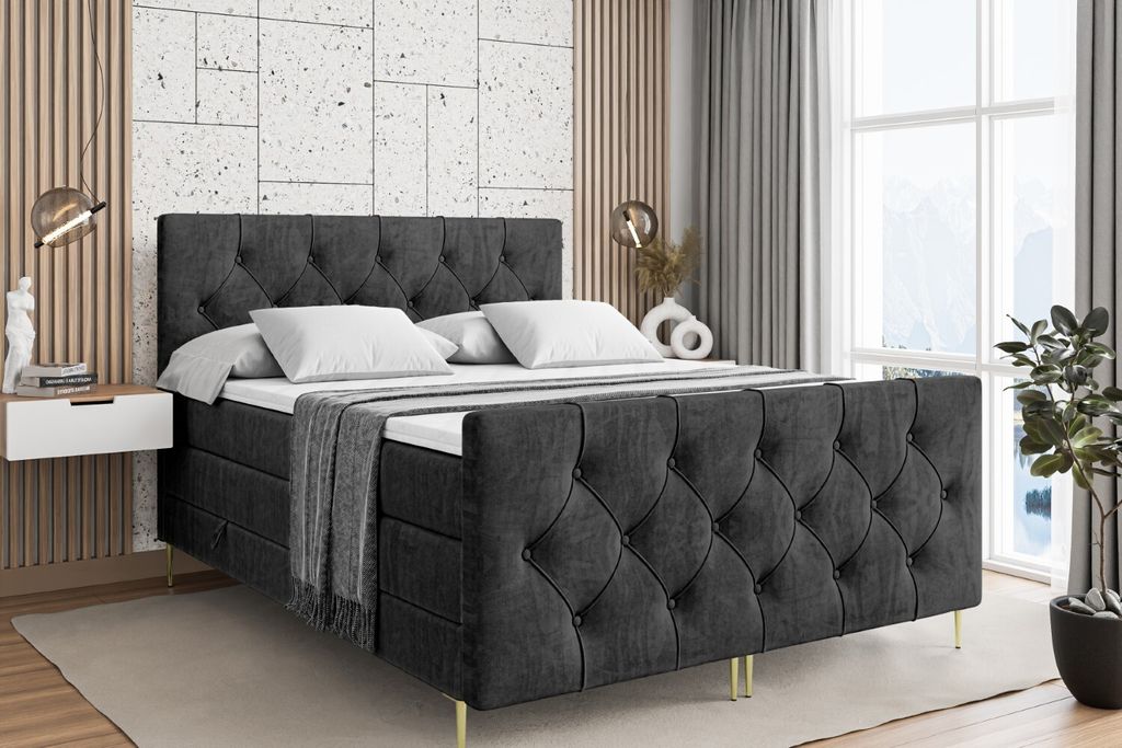 ALTDECOR Boxspringbett mit Gold Füßen, Matratze und Lattenrost, Topper, Fußteil, Polsterbett mit Bettkasten, Bett mit Stauraum H3- und H4- Matra...