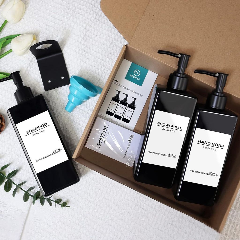Seifenspender Wandmontage Set - 500ml - Schwarz - Ohne Bohren - Kunststoff Pumpautomat mit Trichter und Wasserfesten Etiketten für Küche Badezimmer